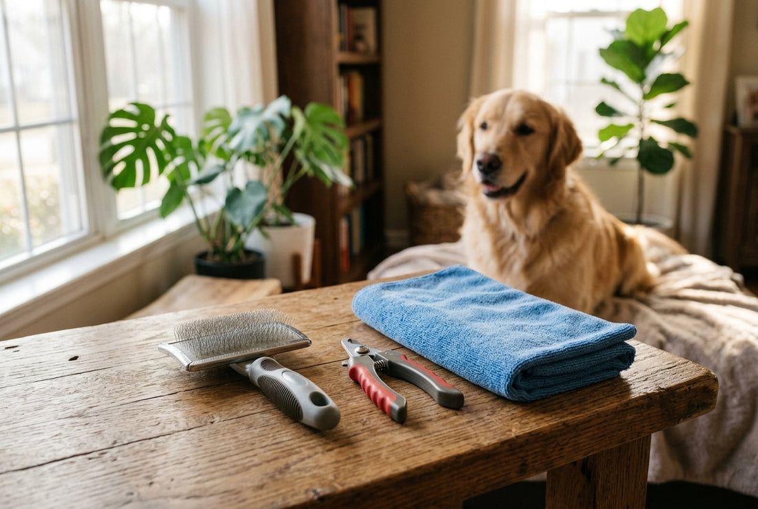 A clean dog grooming setup with brush, nail clipper, and a blue towel