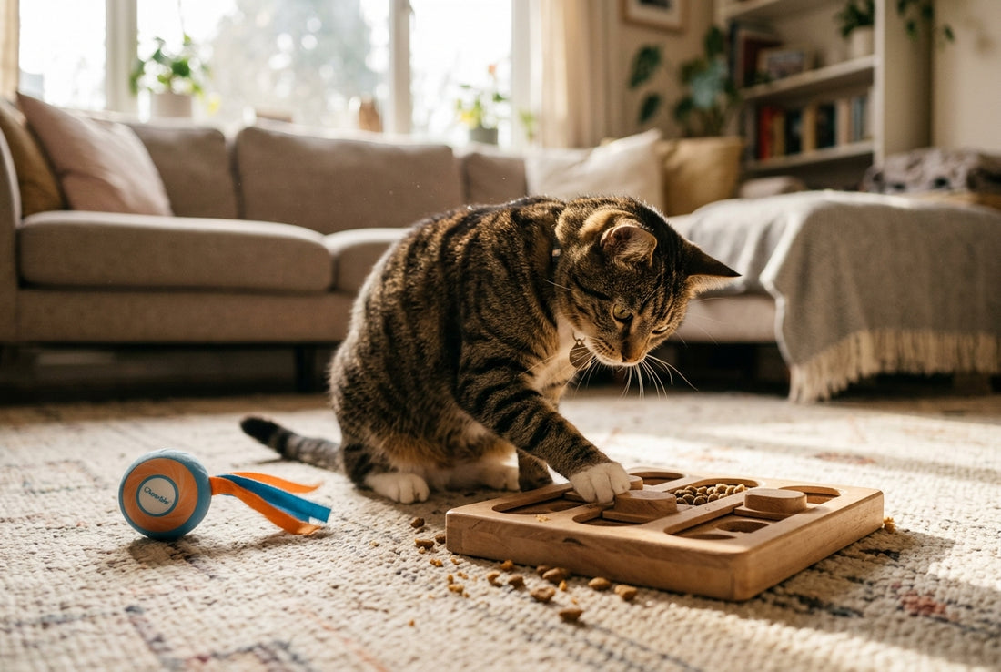 A cat playing with an interactive pet puzzle toy in a sunny room