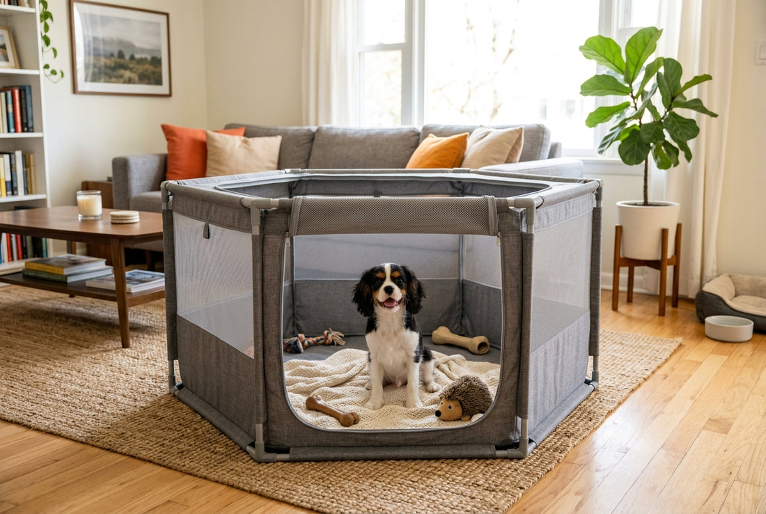 A fabric pet playpen in a cozy living room with a puppy inside