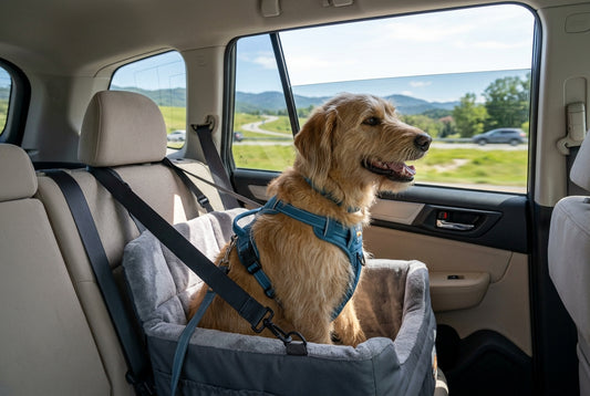 A dog sitting safely in a secure car seat booster during a road trip