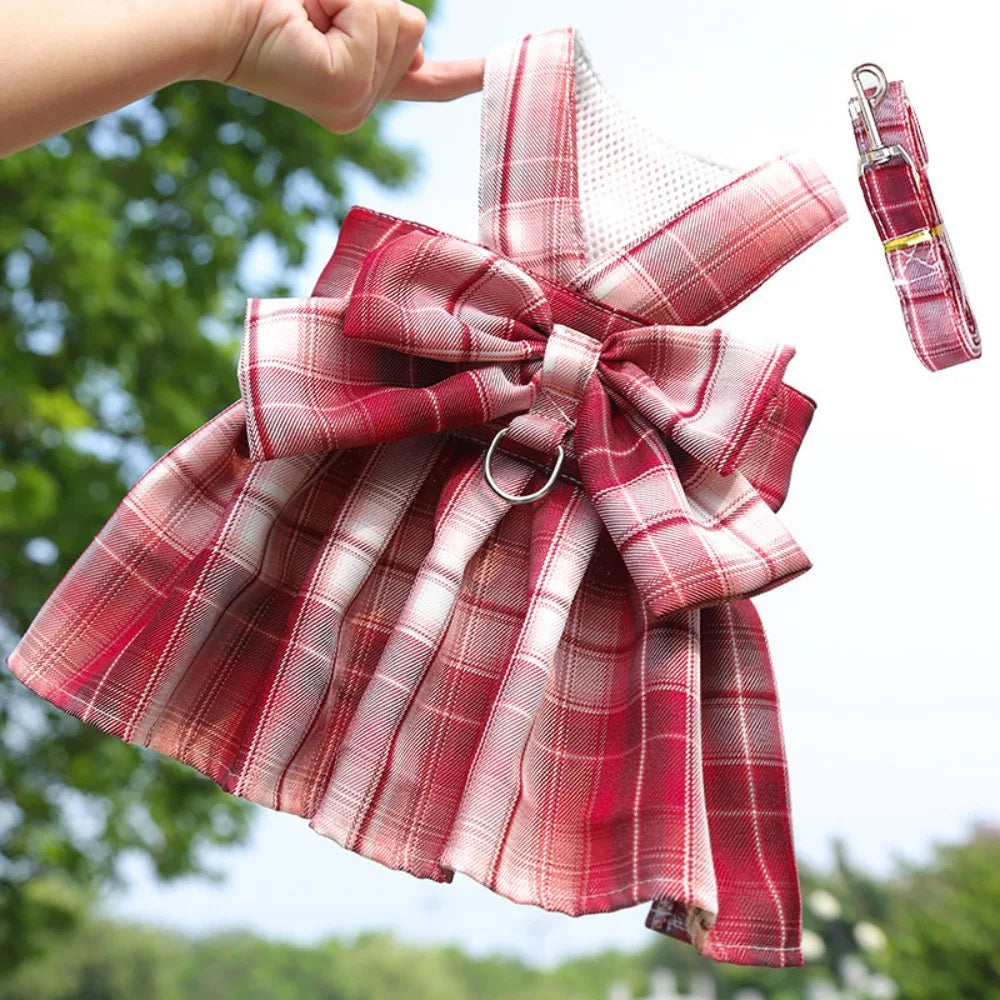 Plaid Pet Harness Dress with Leash Attachment