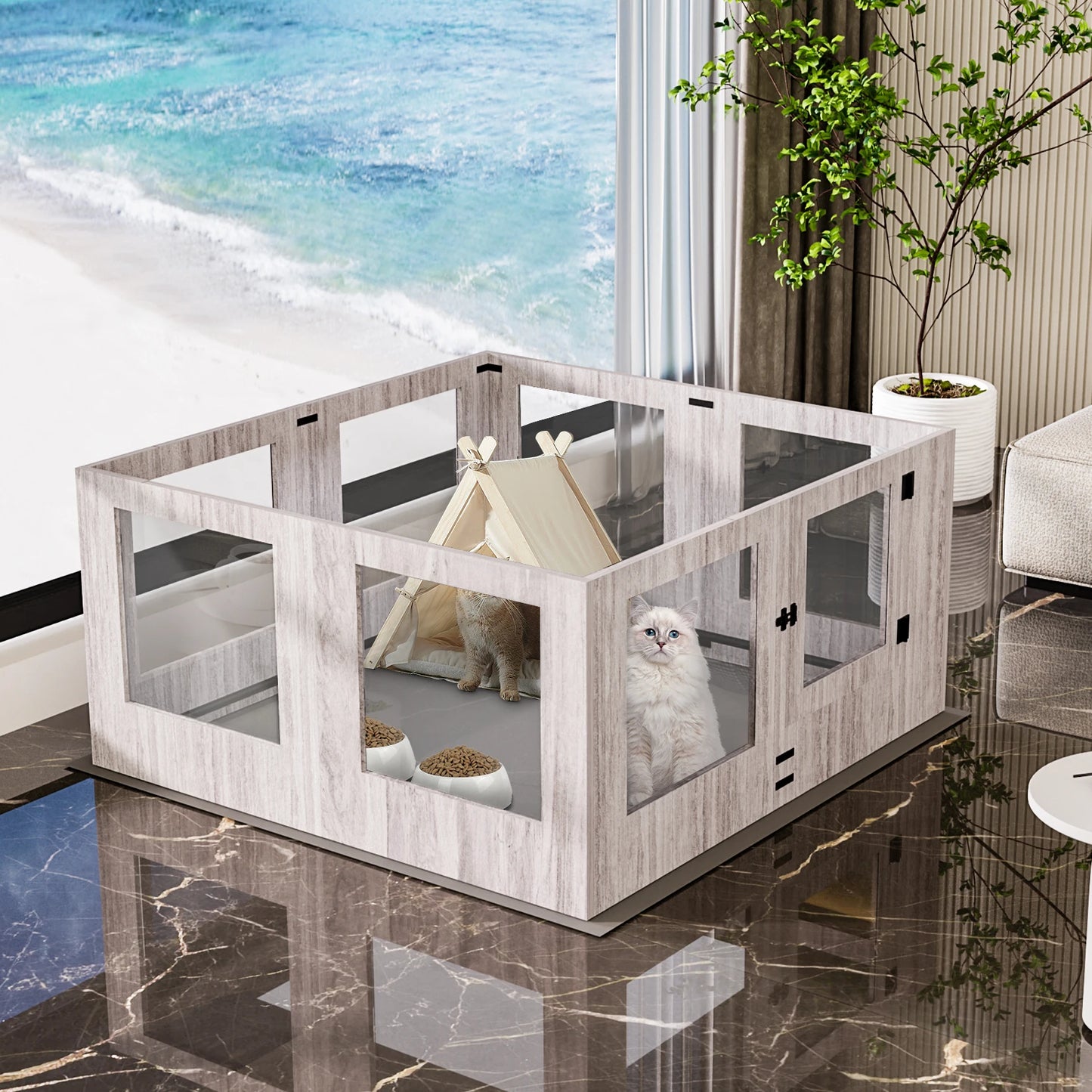 Tempered Glass Dog Playpen with Waterproof Mat