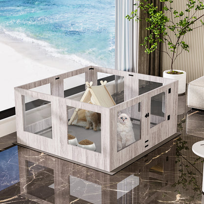 Tempered Glass Dog Playpen with Waterproof Mat