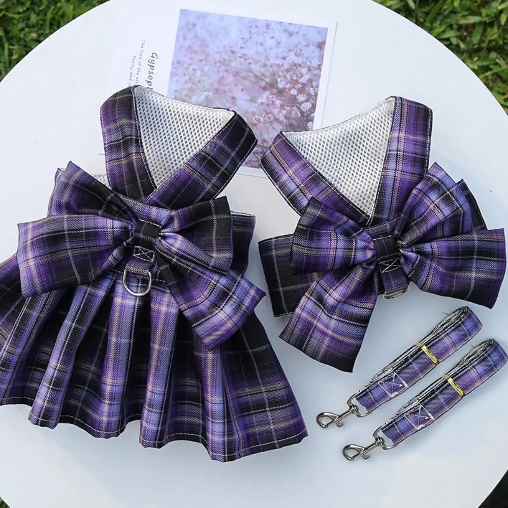 Plaid Pet Harness Dress with Leash Attachment