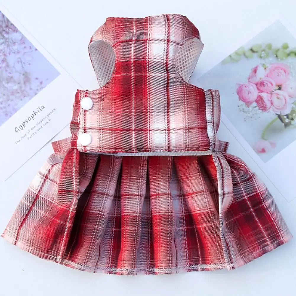 Plaid Pet Harness Dress with Leash Attachment