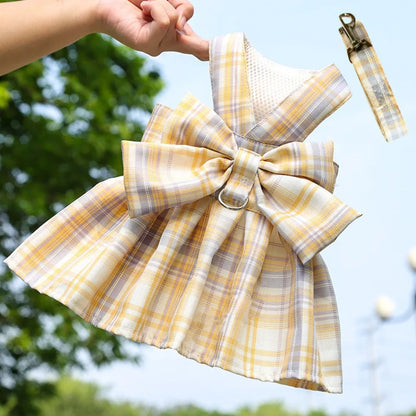 Plaid Pet Harness Dress with Leash Attachment