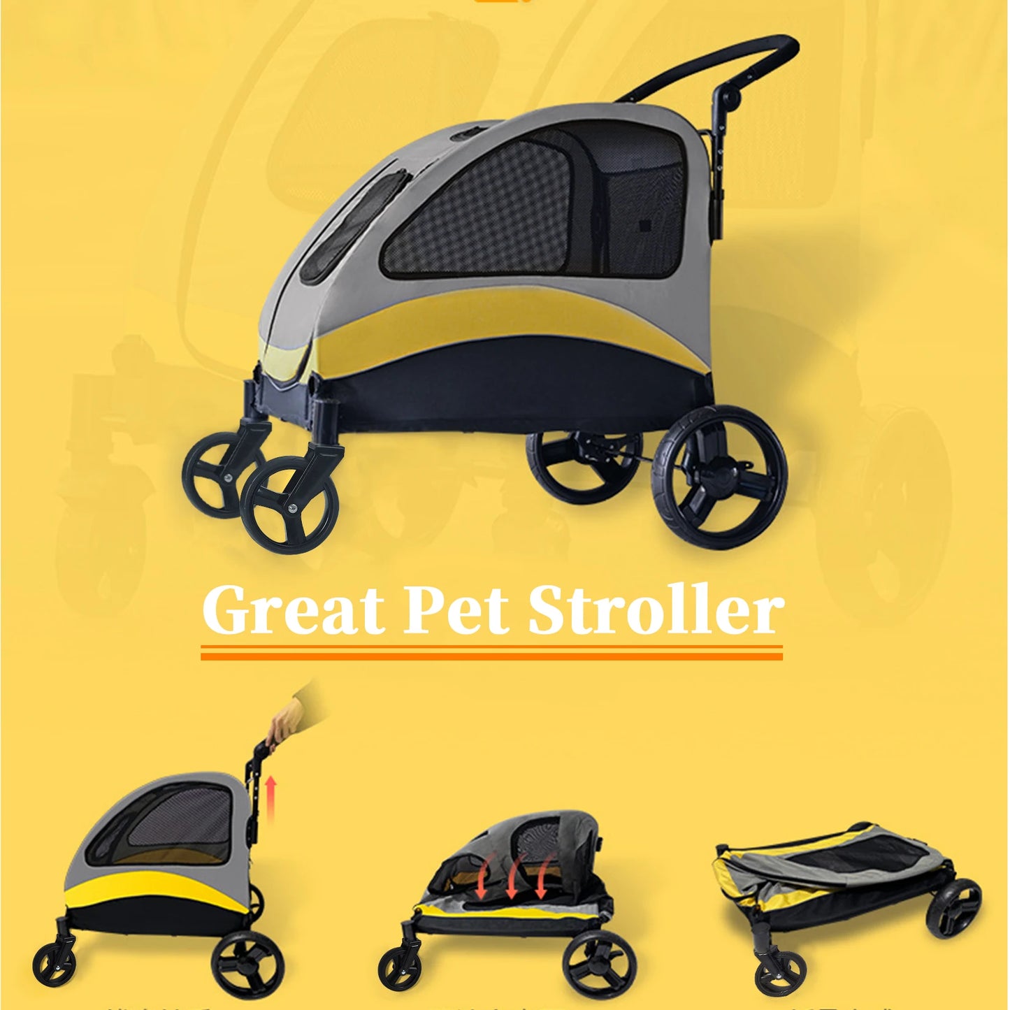 Foldable 4-Wheel Pet Stroller for Large Dogs & Cats