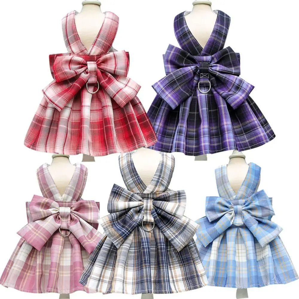 Plaid Pet Harness Dress with Leash Attachment