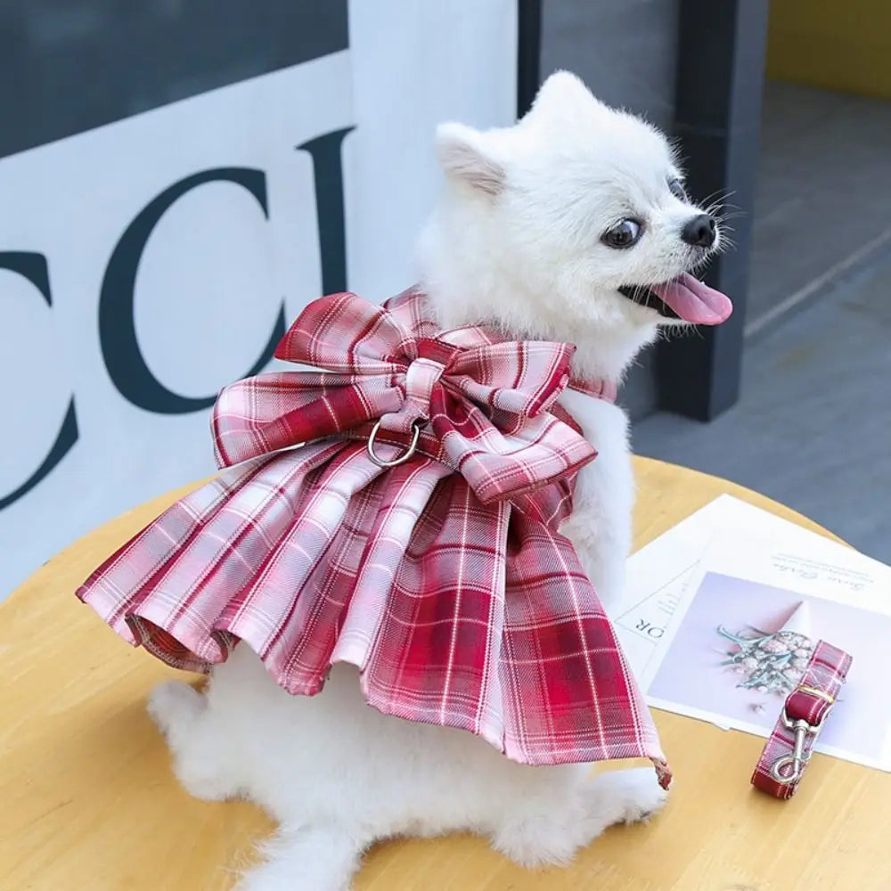 Plaid Pet Harness Dress with Leash Attachment