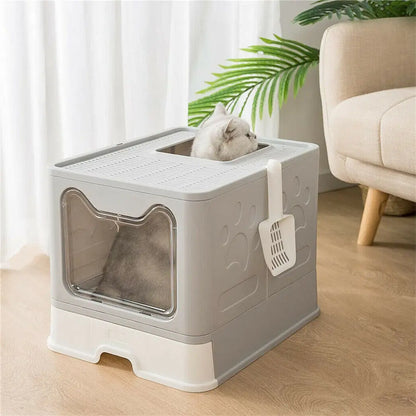 Foldable Hooded Cat Litter Box with Scoop and Drawer
