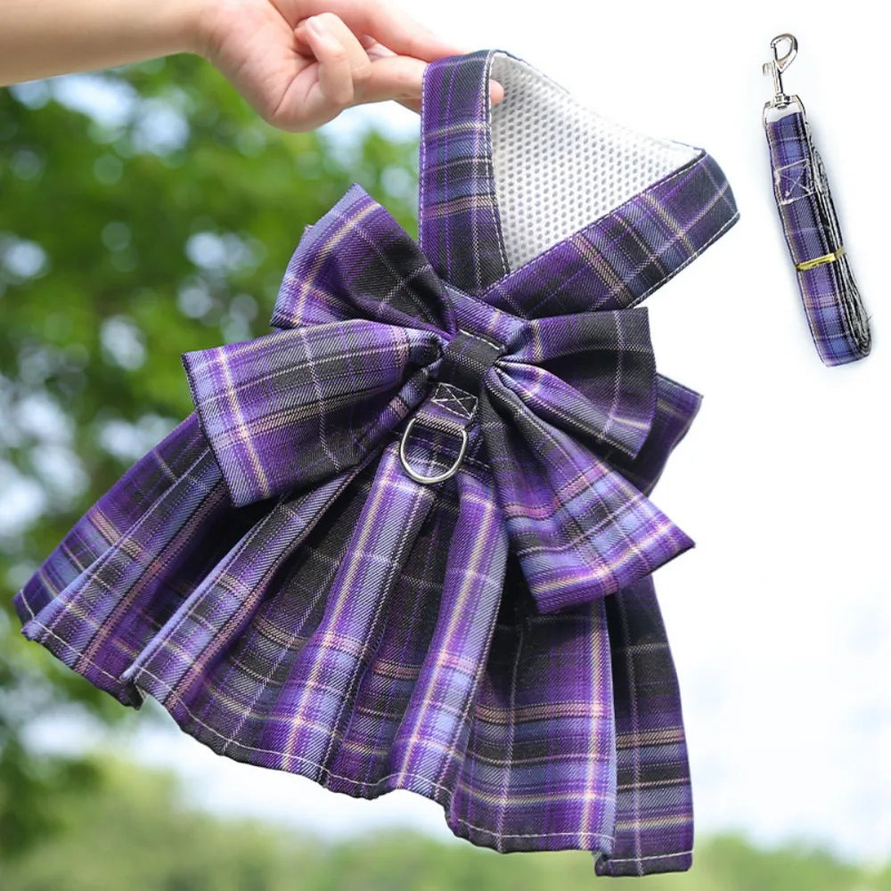 Plaid Pet Harness Dress with Leash Attachment