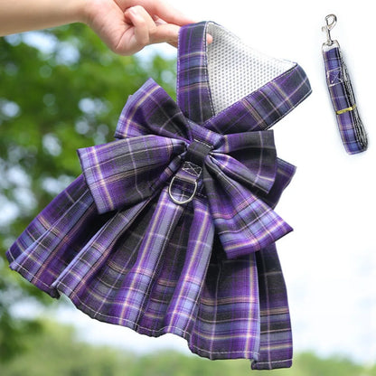 Plaid Pet Harness Dress with Leash Attachment