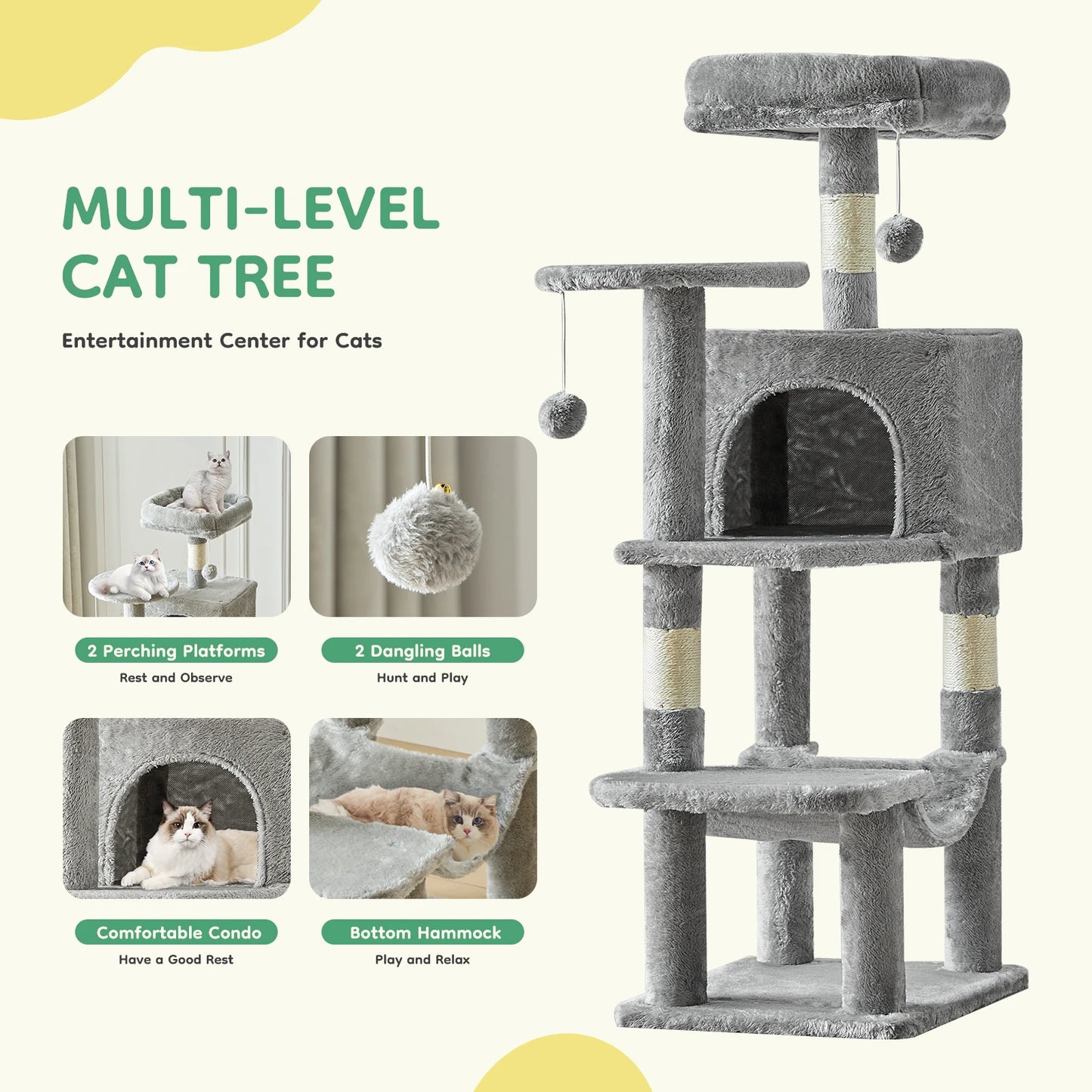 JHK 44-Inch Multi-Level Cat Tree with Condo & Hammock