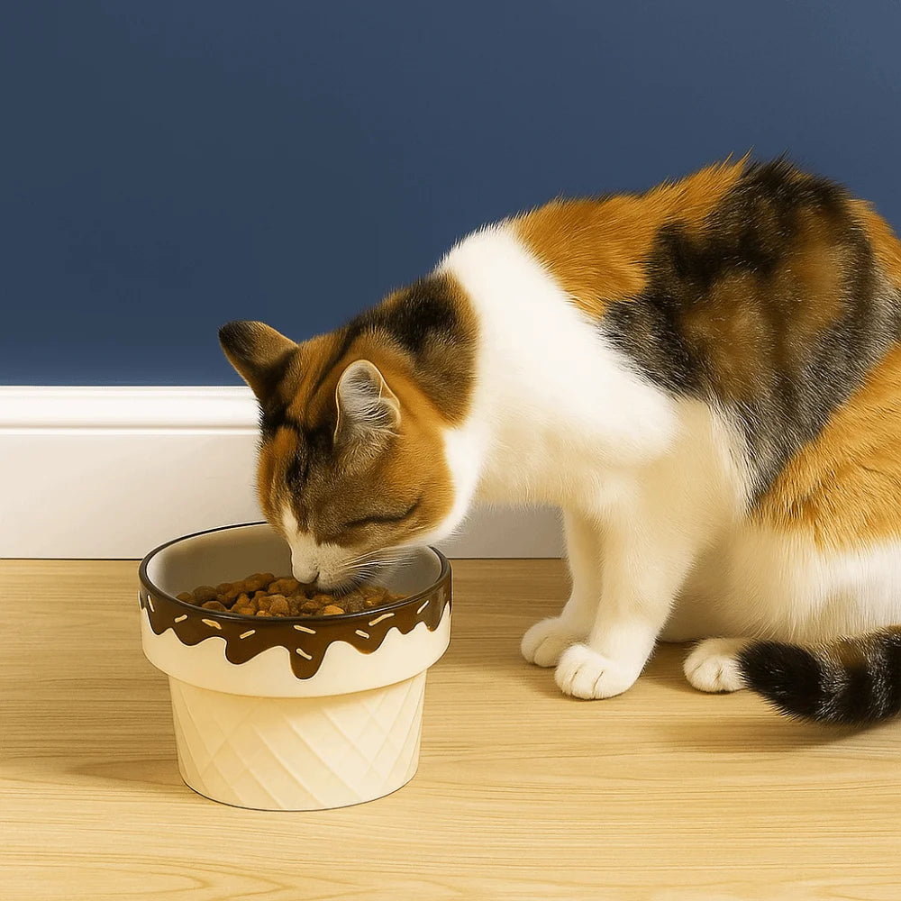 Elevated Ceramic Cat Bowl with Wide Opening
