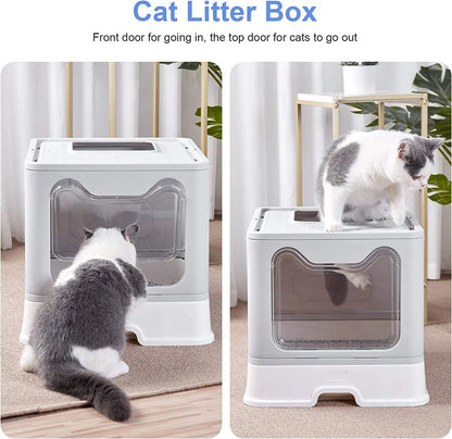 Foldable Hooded Cat Litter Box with Scoop and Drawer