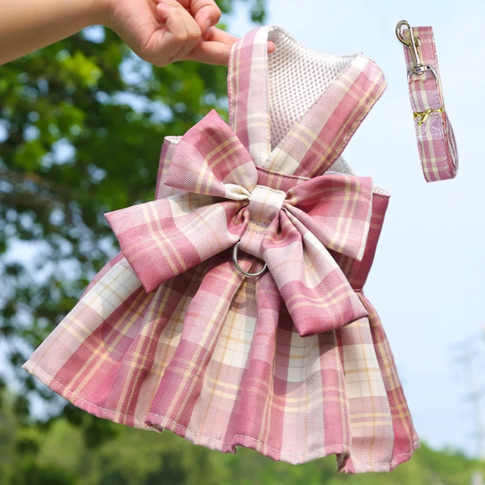 Plaid Pet Harness Dress with Leash Attachment