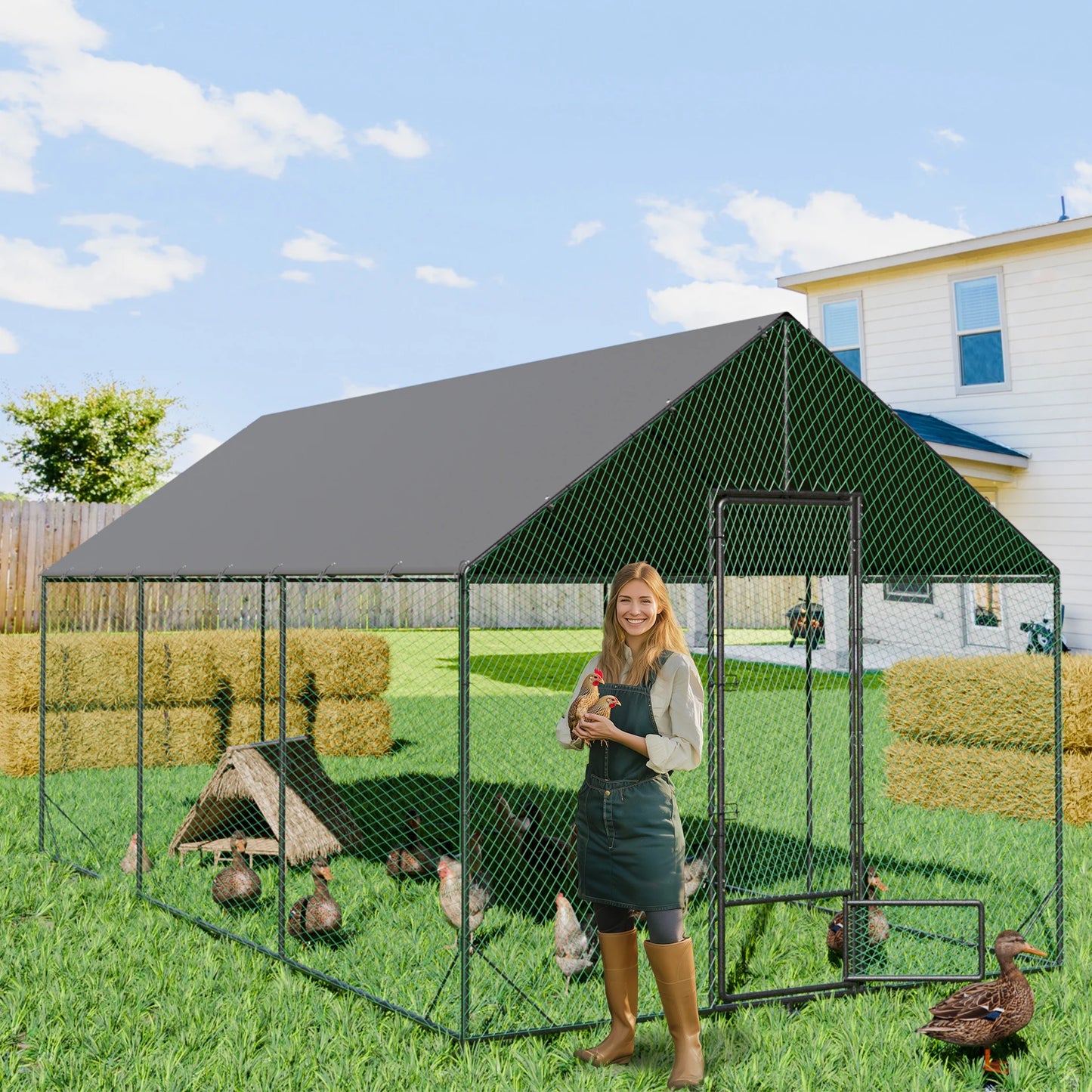 Walk-In Metal Chicken Coop with Cover and Netting