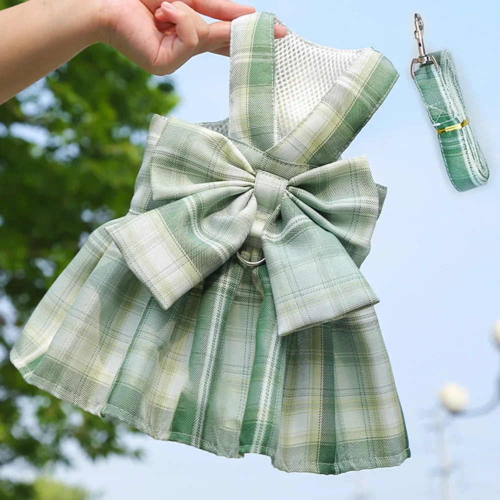Plaid Pet Harness Dress with Leash Attachment