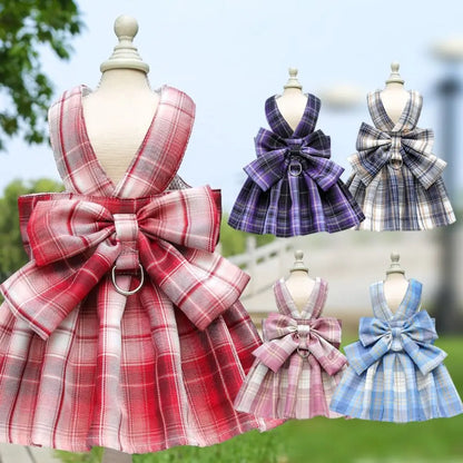 Plaid Pet Harness Dress with Leash Attachment