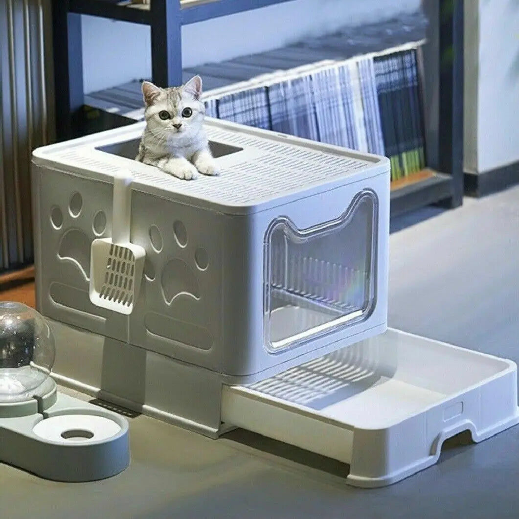 Foldable Hooded Cat Litter Box with Scoop and Drawer