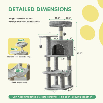 JHK 44-Inch Multi-Level Cat Tree with Condo & Hammock