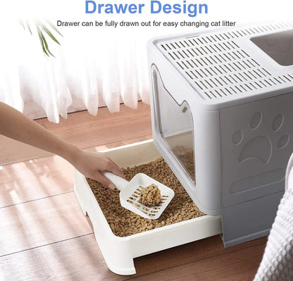 Foldable Hooded Cat Litter Box with Scoop and Drawer